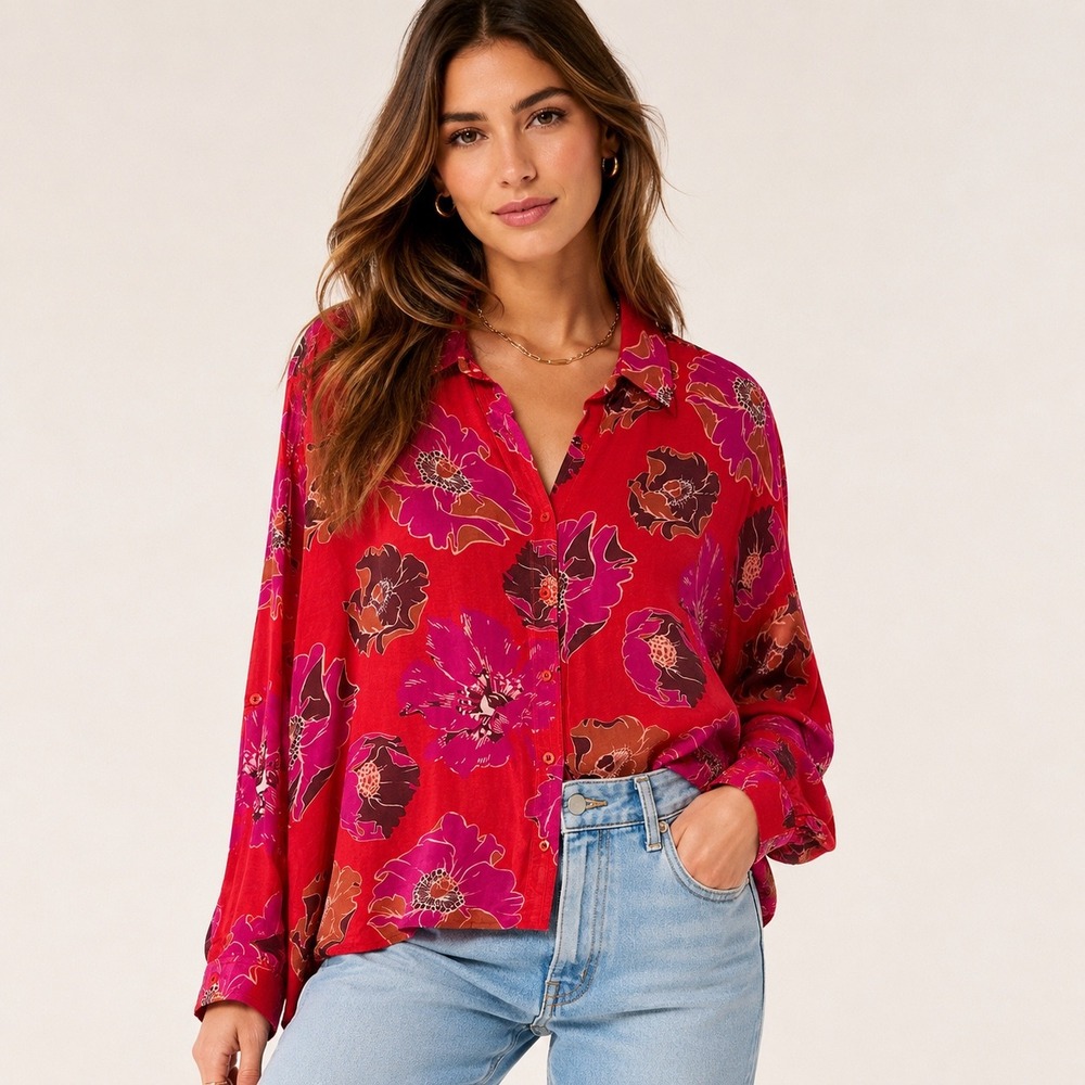 Tolani 100% Cupro Floral Button Up Blouse Pink Boho Luxe Shirt Womens S